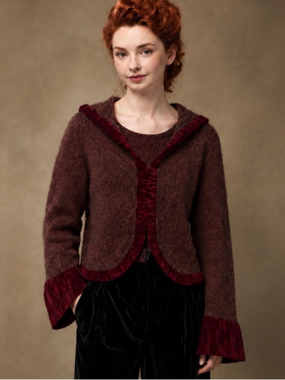 Anthropologie Sleeping on Snow Wool Silk Velvet Ruffle Cardigan S